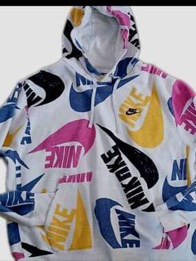 Nike White Hoodie with Blue, Pink, Yellow & Black Swooshes